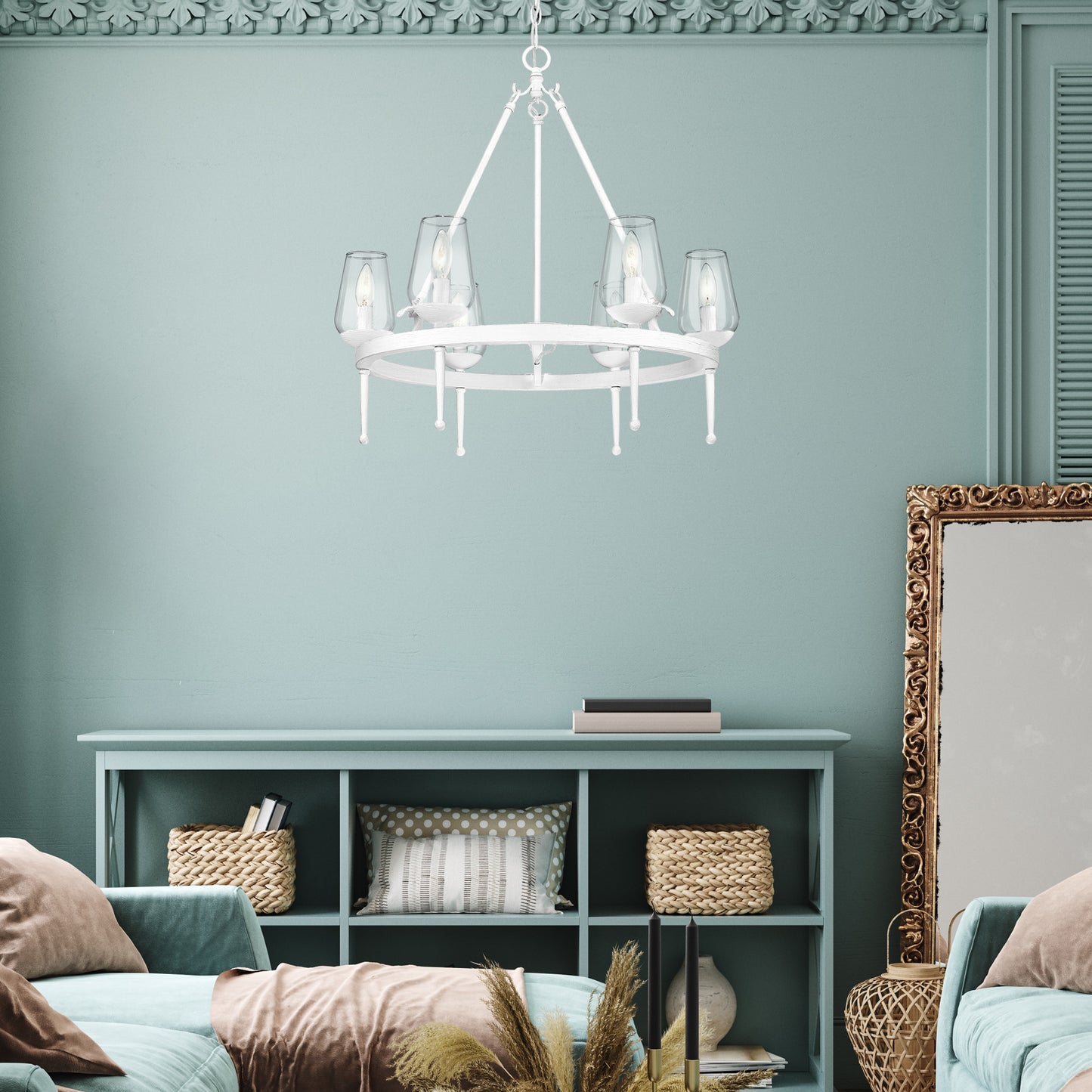 Frances 6 Light Chandelier in Textured White Plaster with Clear Glass Shade
