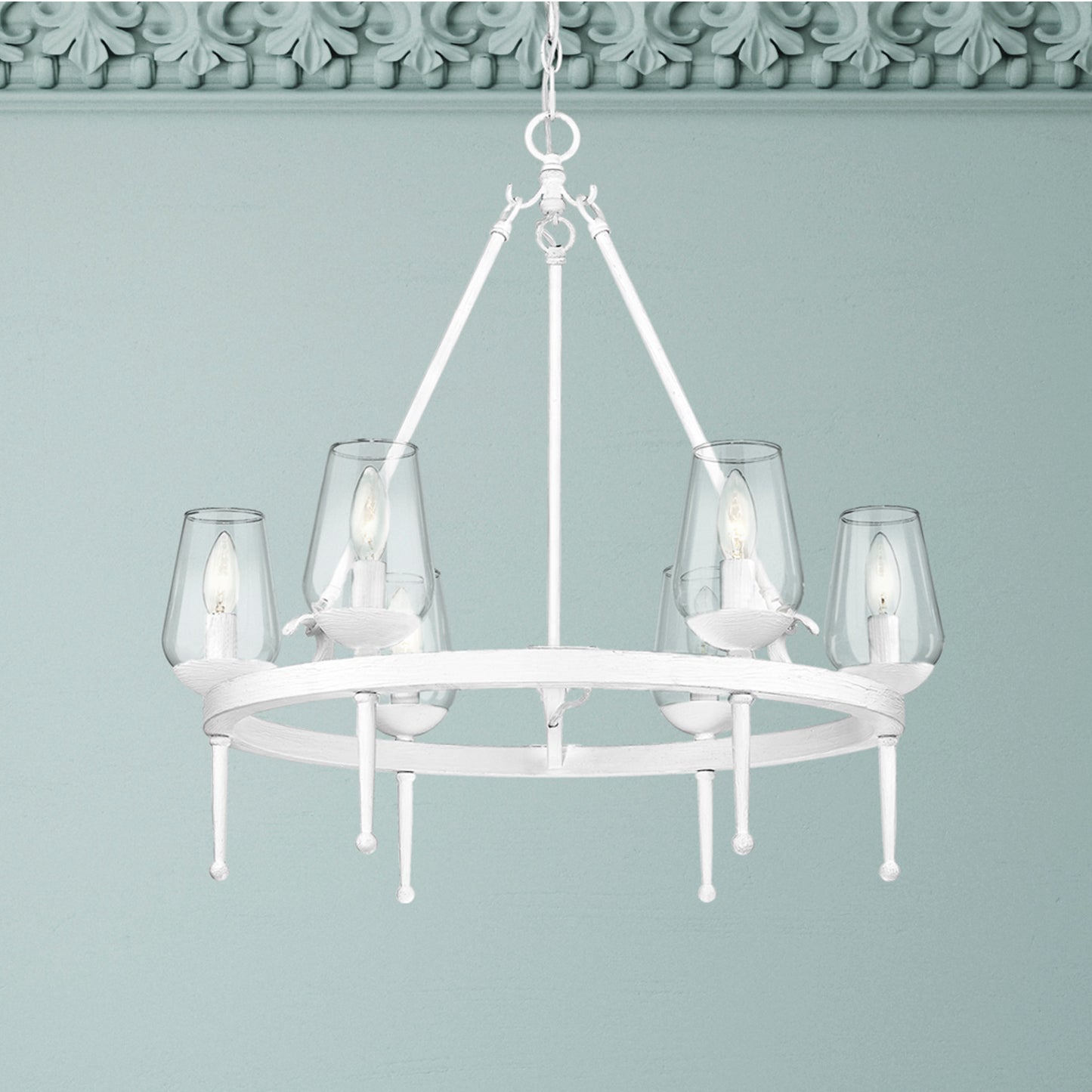 Frances 6 Light Chandelier in Textured White Plaster with Clear Glass Shade