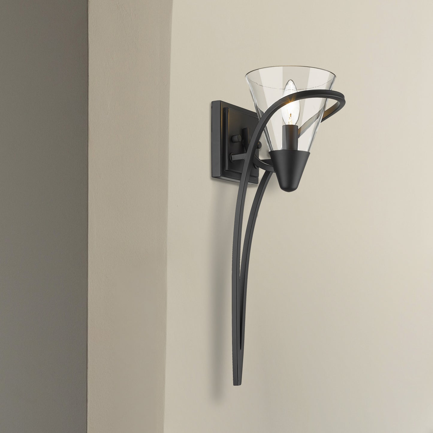 Olympus 1 Light Wall Sconce in Matte Black with Clear Glass Shade