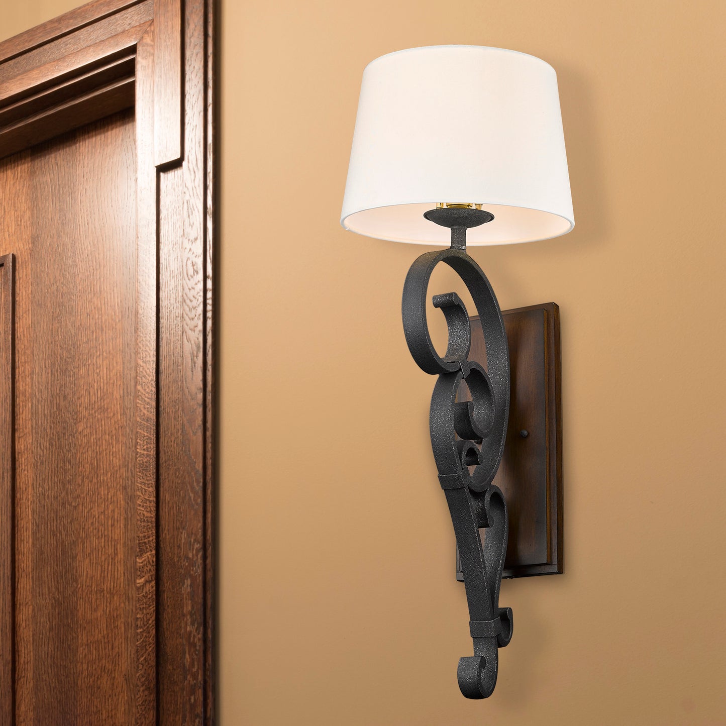 Medusa BI Large 1 Light Wall Sconce in Black Iron with Rustic Oak Shade