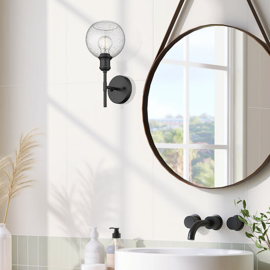 Foley BLK 1 Light Wall Sconce in Matte Black with Seeded Glass Shade
