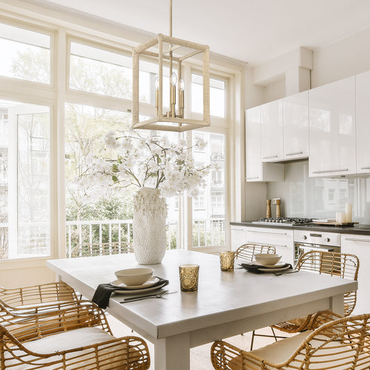 Kimber 3 Light Pendant in Modern Brass with Light Natural Rattan Accents