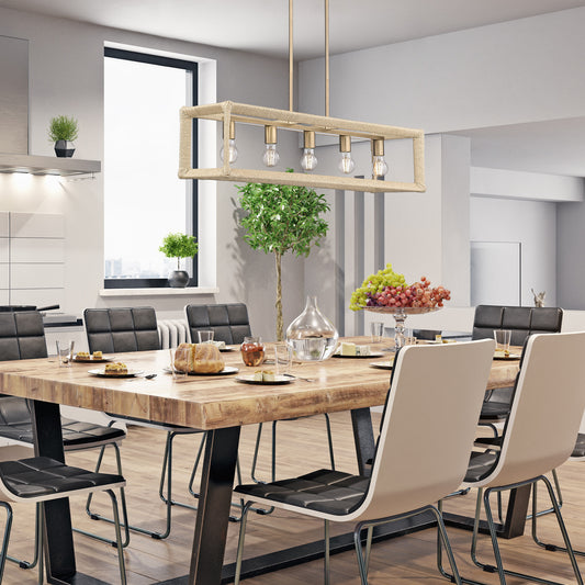 Kimber Linear Pendant in Modern Brass with Light Natural Rattan Accents