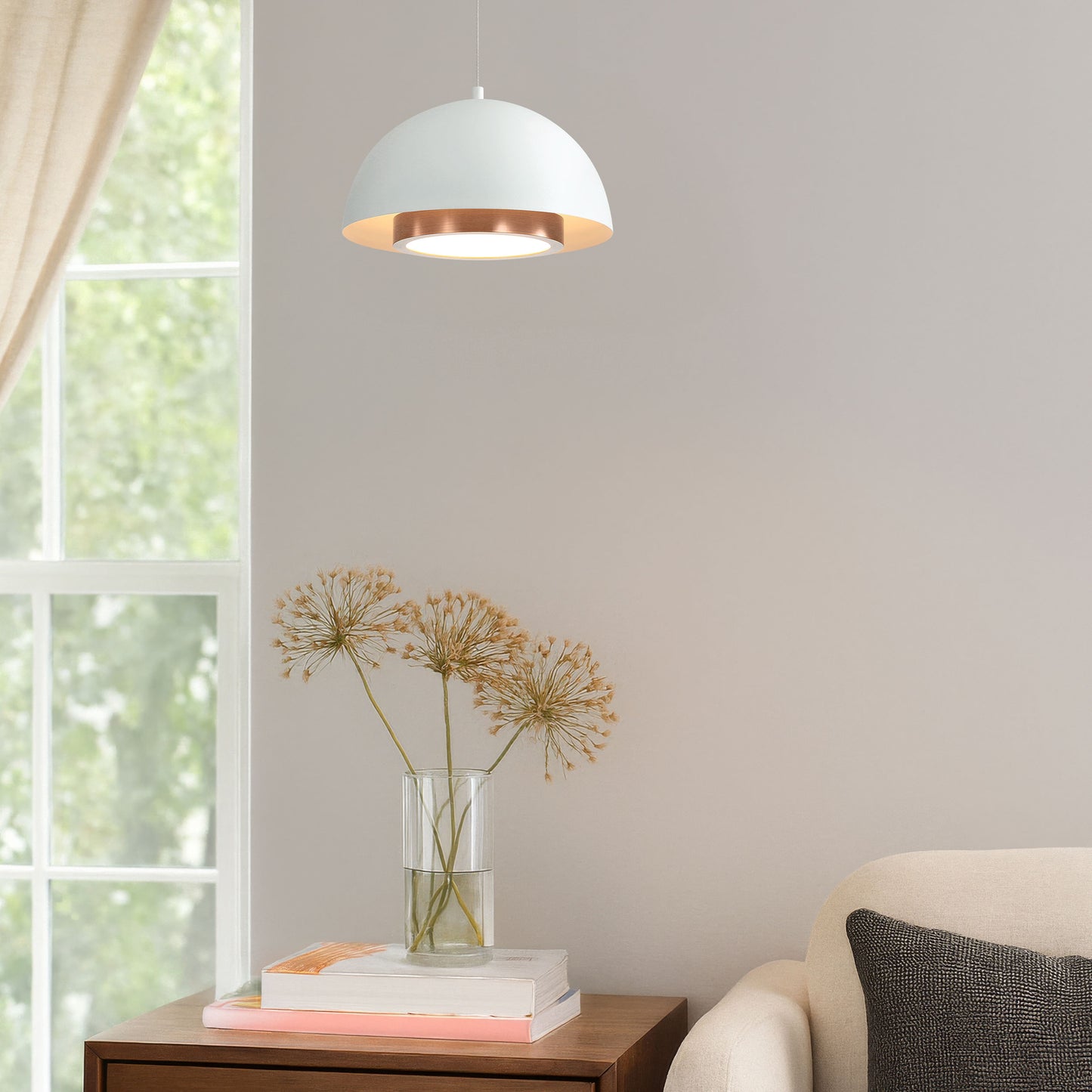 Annabelle 7" LED Pendant in Sand White with Aged Copper