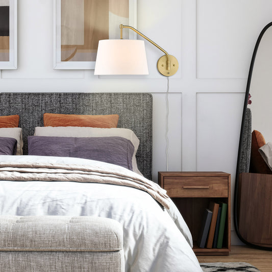 Riley Articulating Wall Sconce in Brushed Champagne Bronze with Modern White Shade