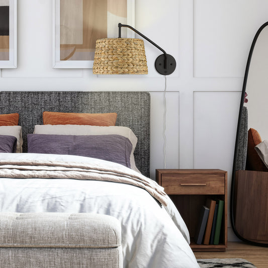 Riley Articulating Wall Sconce in Matte Black with Woven Sweet Grass Shade