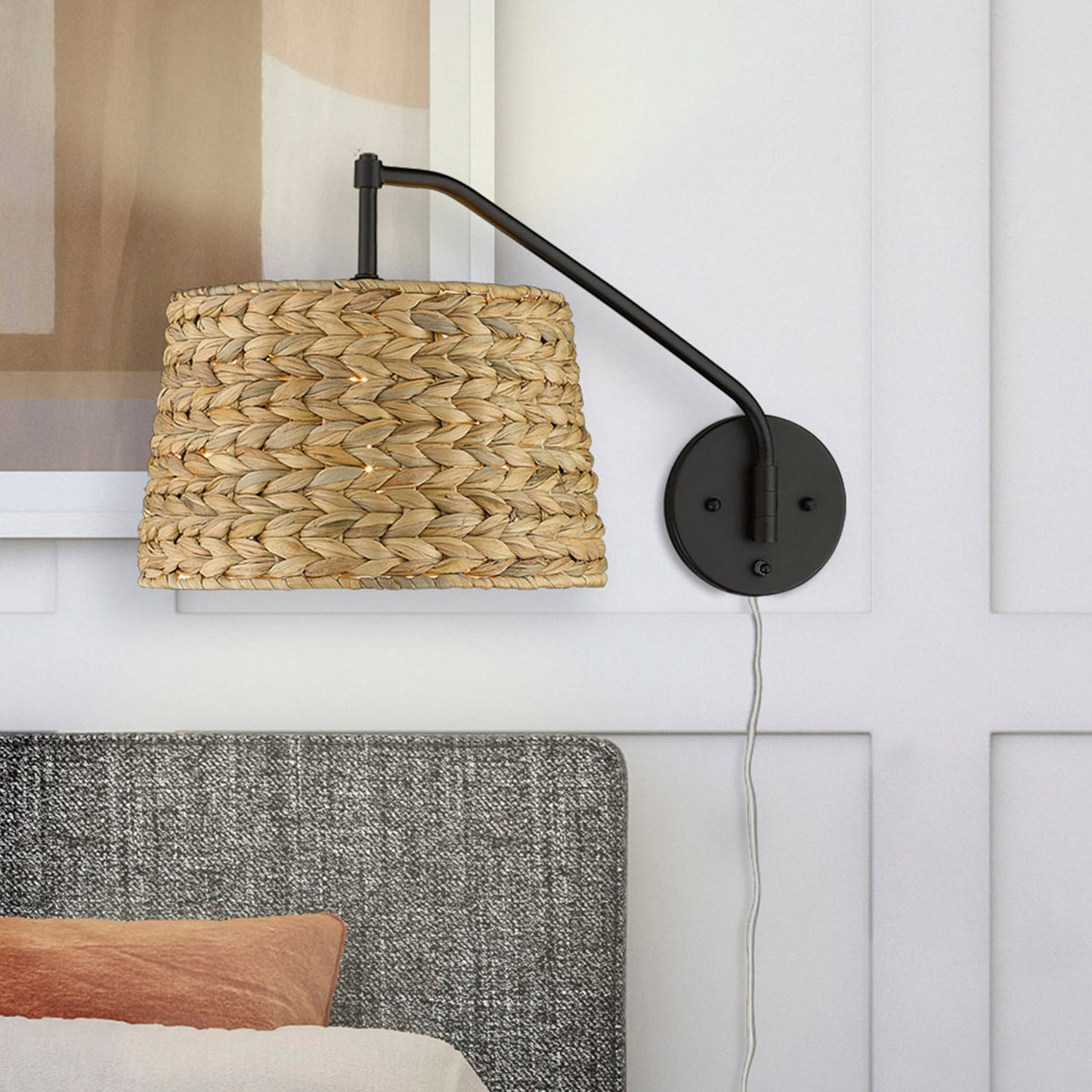 Riley Articulating Wall Sconce in Matte Black with Woven Sweet Grass Shade