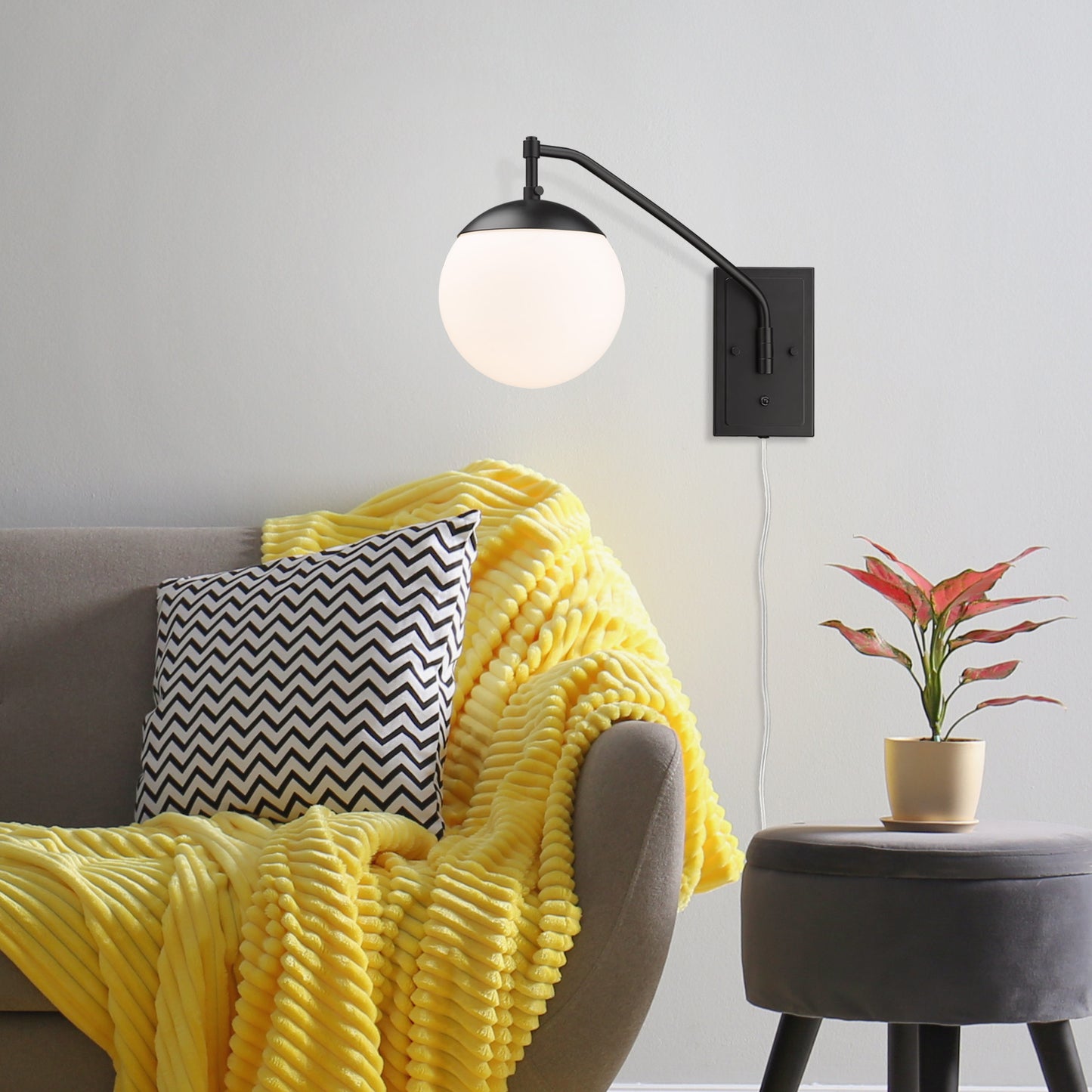Hugo BLK 1 Light Articulating Wall Sconce in Matte Black with Opal Glass Shade