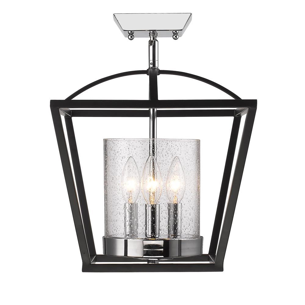 Marlowe- Semi-Flush in Matte Black with Chrome accents and Seeded Glass