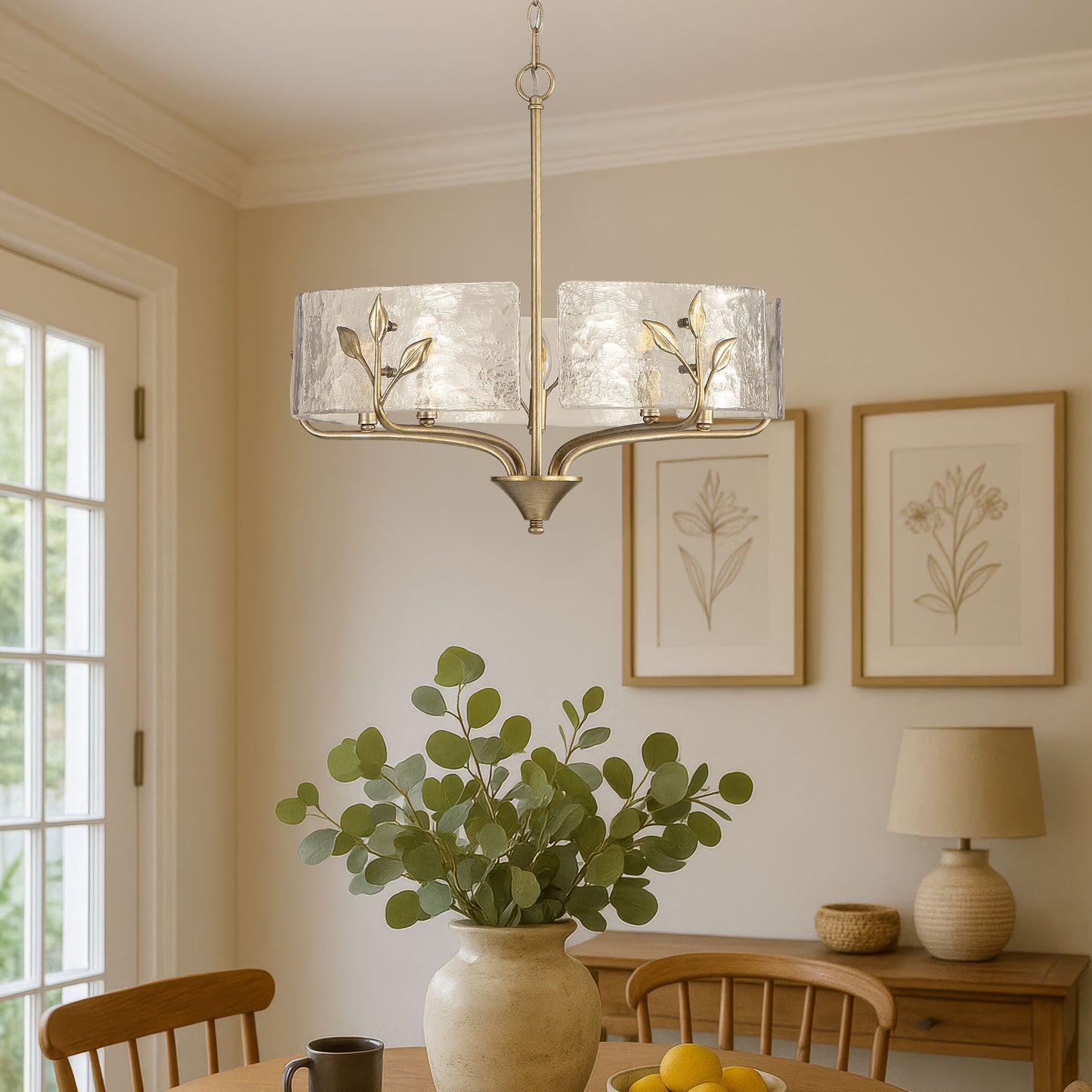 Murphy 5 Light Pendant in White Gold with Hammered Water Glass