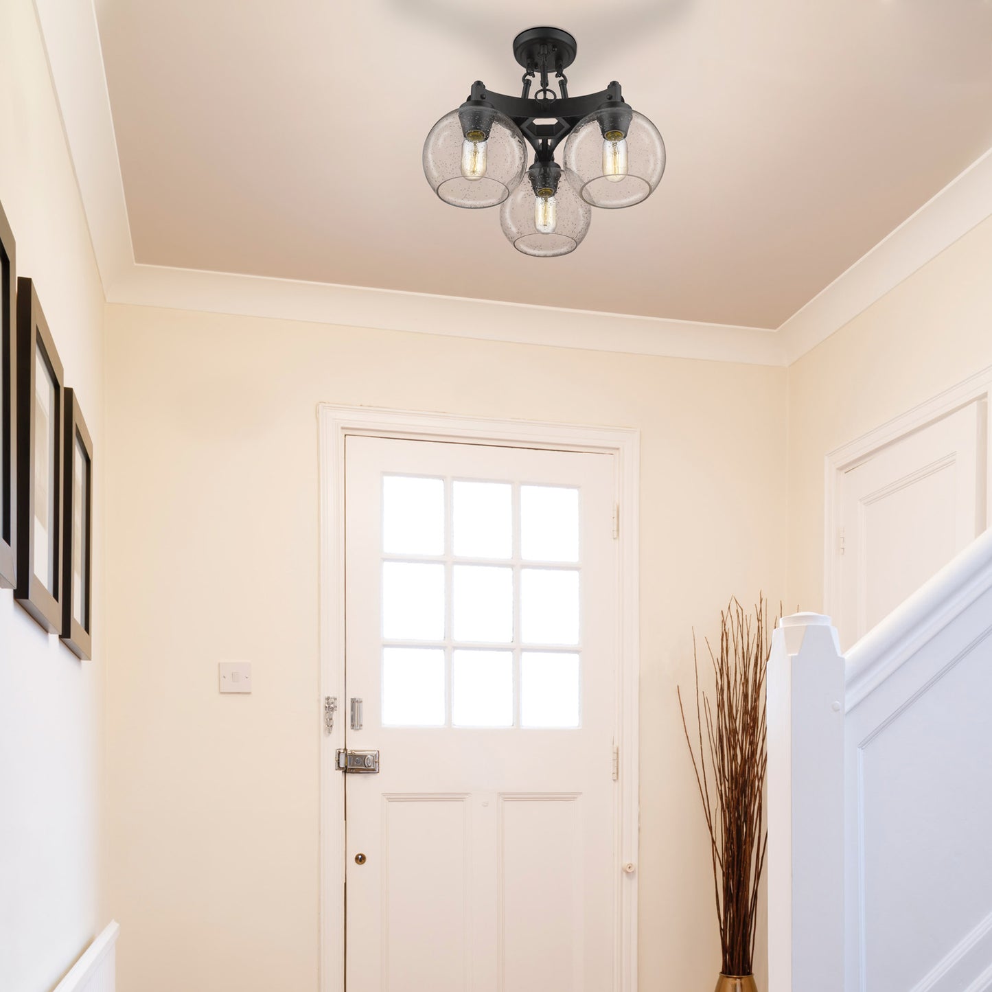 Garrick- Semi-Flush in Rubbed Bronze with Seeded Glass
