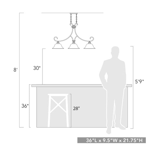Lannister 3 Light Linear Pendant in Pewter with Marbled Glass