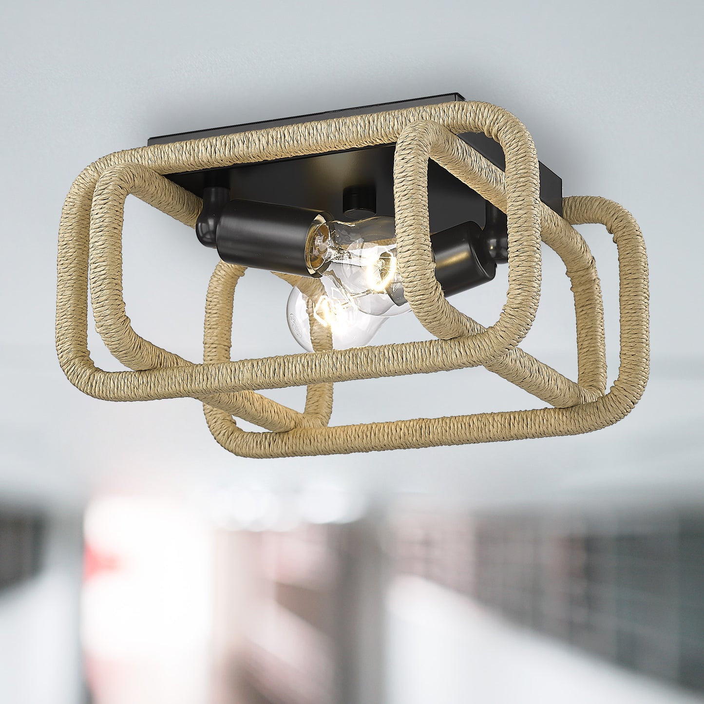 Spencer 2 Light Flush Mount in Matte Black with Natural Raphia Rope Shade