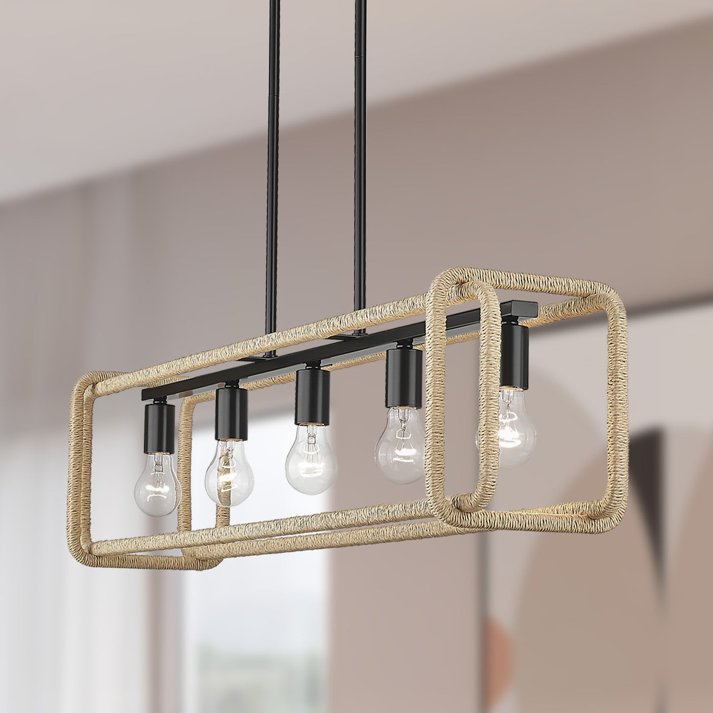 Spencer Linear Pendant in Matte Black with Natural Raphia Rope
