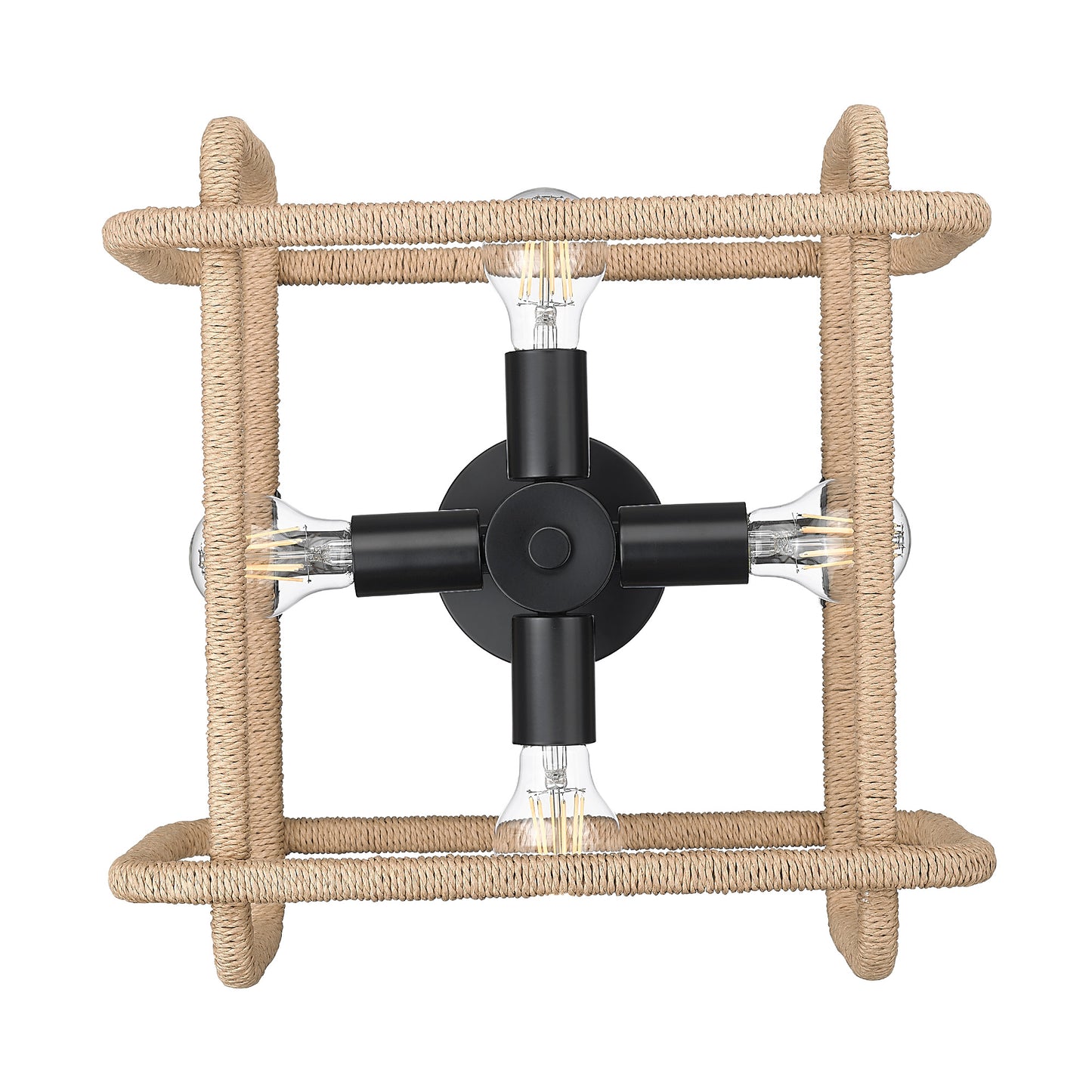 Spencer 4 Light Semi-Flush in Matte Black with Natural Raphia Rope Shade