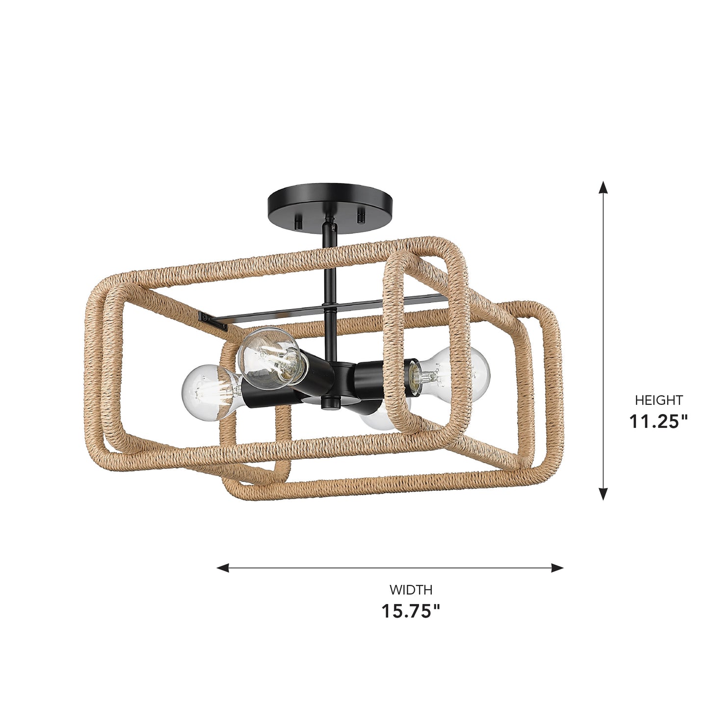 Spencer 4 Light Semi-Flush in Matte Black with Natural Raphia Rope Shade
