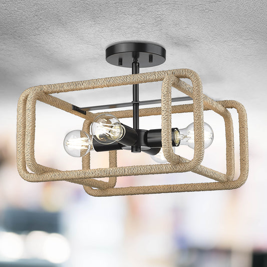 Spencer 4 Light Semi-Flush in Matte Black with Natural Raphia Rope Shade
