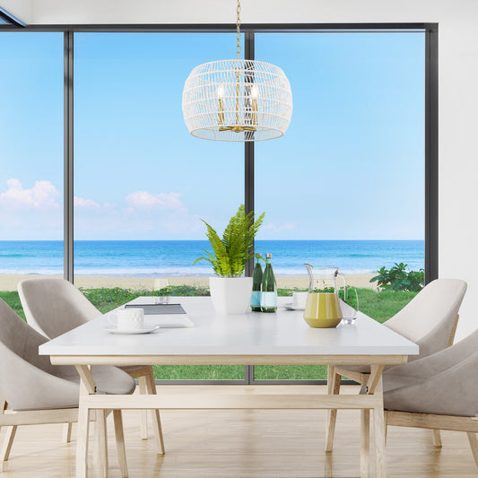 Mercury 4 Light Chandelier in Modern Brushed Gold with Bleached White Raphia Rope Shade