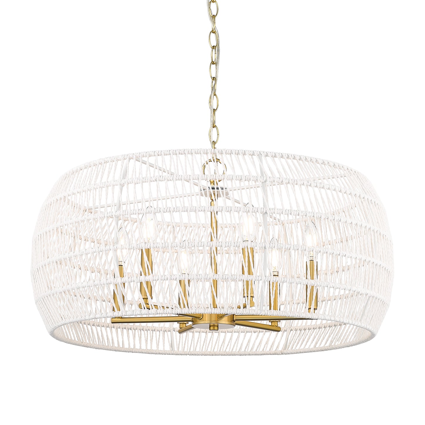 Mercury 6 Light Chandelier in Modern Brushed Gold with Bleached White Raphia Rope Shade