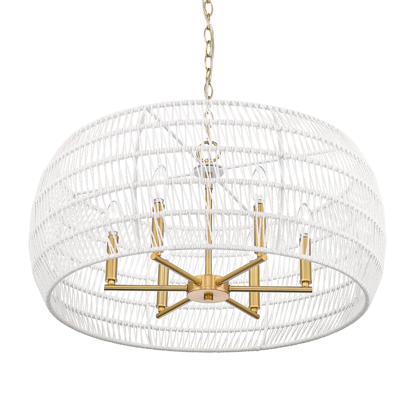 Mercury 6 Light Chandelier in Modern Brushed Gold with Bleached White Raphia Rope Shade