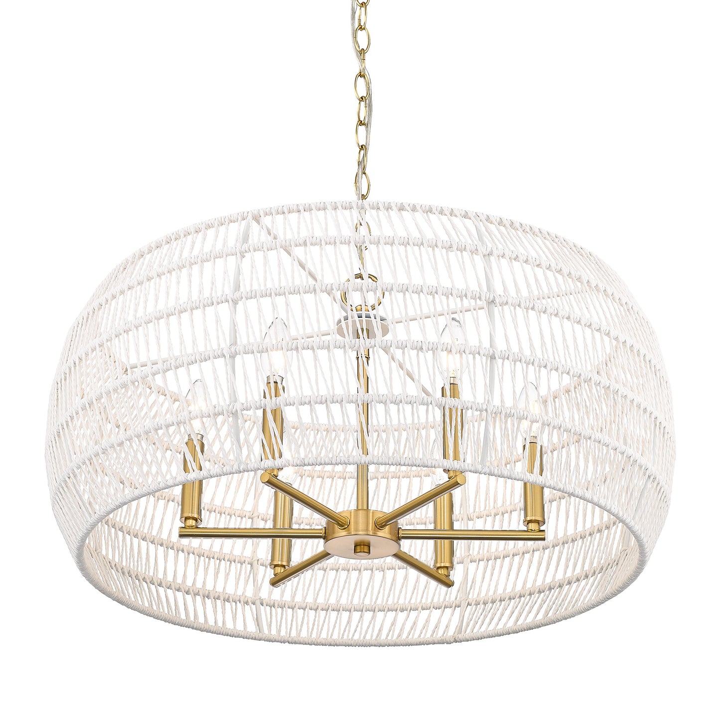 Mercury 6 Light Chandelier in Modern Brushed Gold with Bleached White Raphia Rope Shade