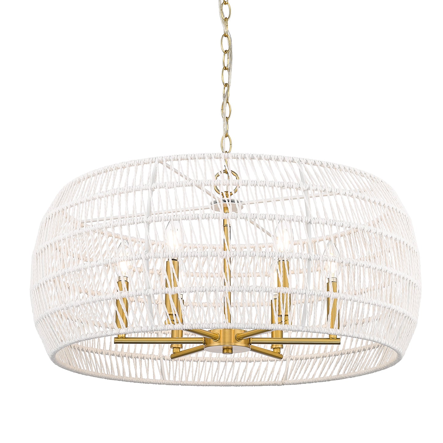 Mercury 6 Light Chandelier in Modern Brushed Gold with Bleached White Raphia Rope Shade