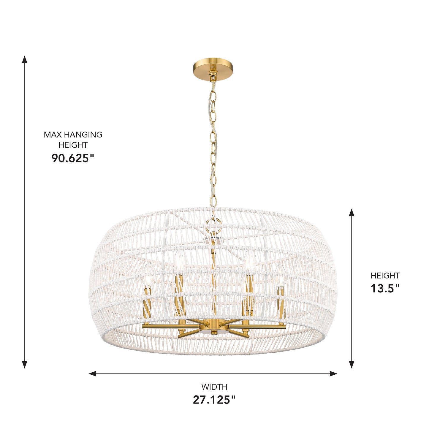 Mercury 6 Light Chandelier in Modern Brushed Gold with Bleached White Raphia Rope Shade