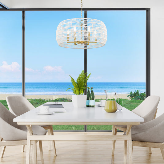 Mercury 6 Light Chandelier in Modern Brushed Gold with Bleached White Raphia Rope Shade