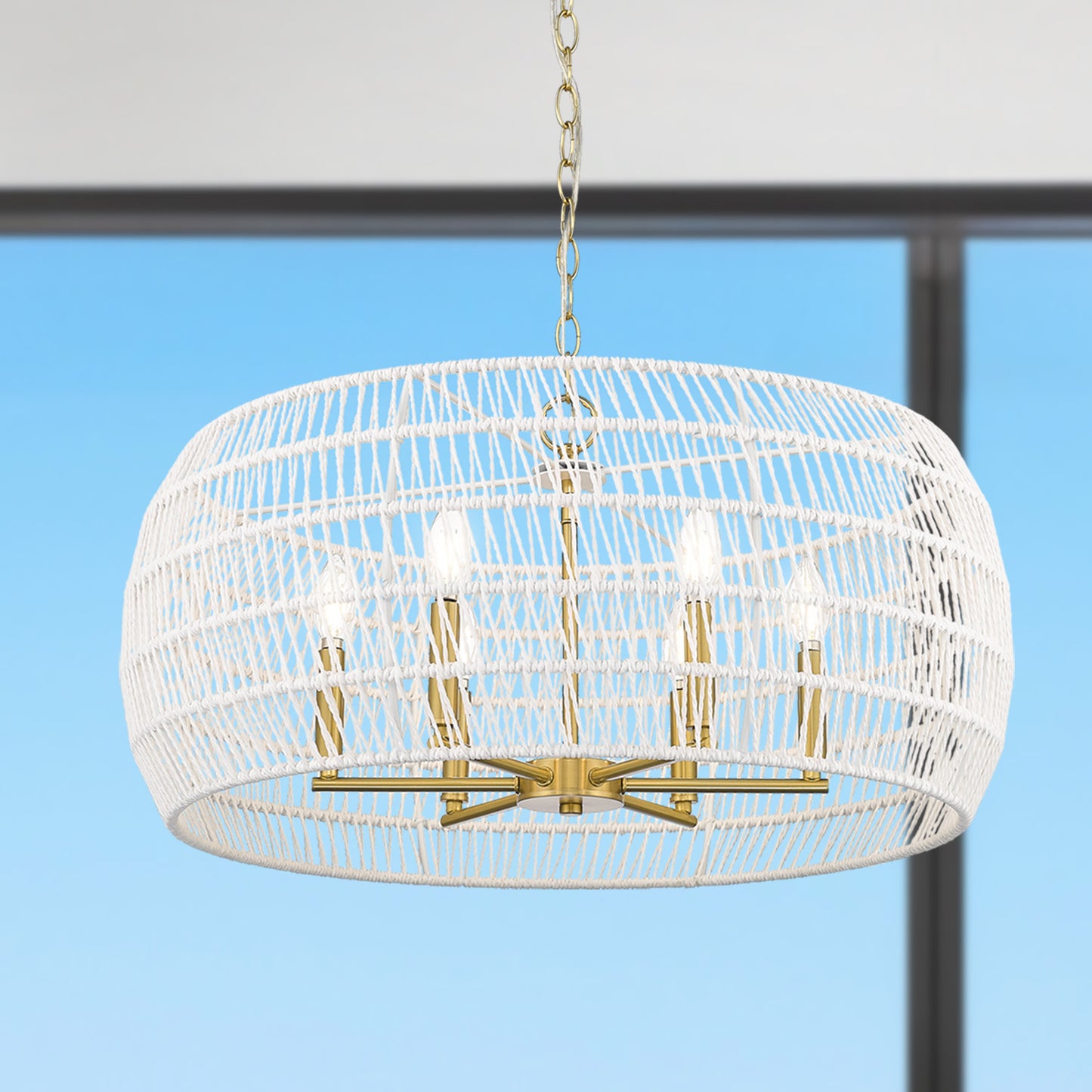 Mercury 6 Light Chandelier in Modern Brushed Gold with Bleached White Raphia Rope Shade