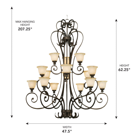 Hearth 3 Tier - 15 Light Chandelier in Burnt Sienna with Tea Stone Glass