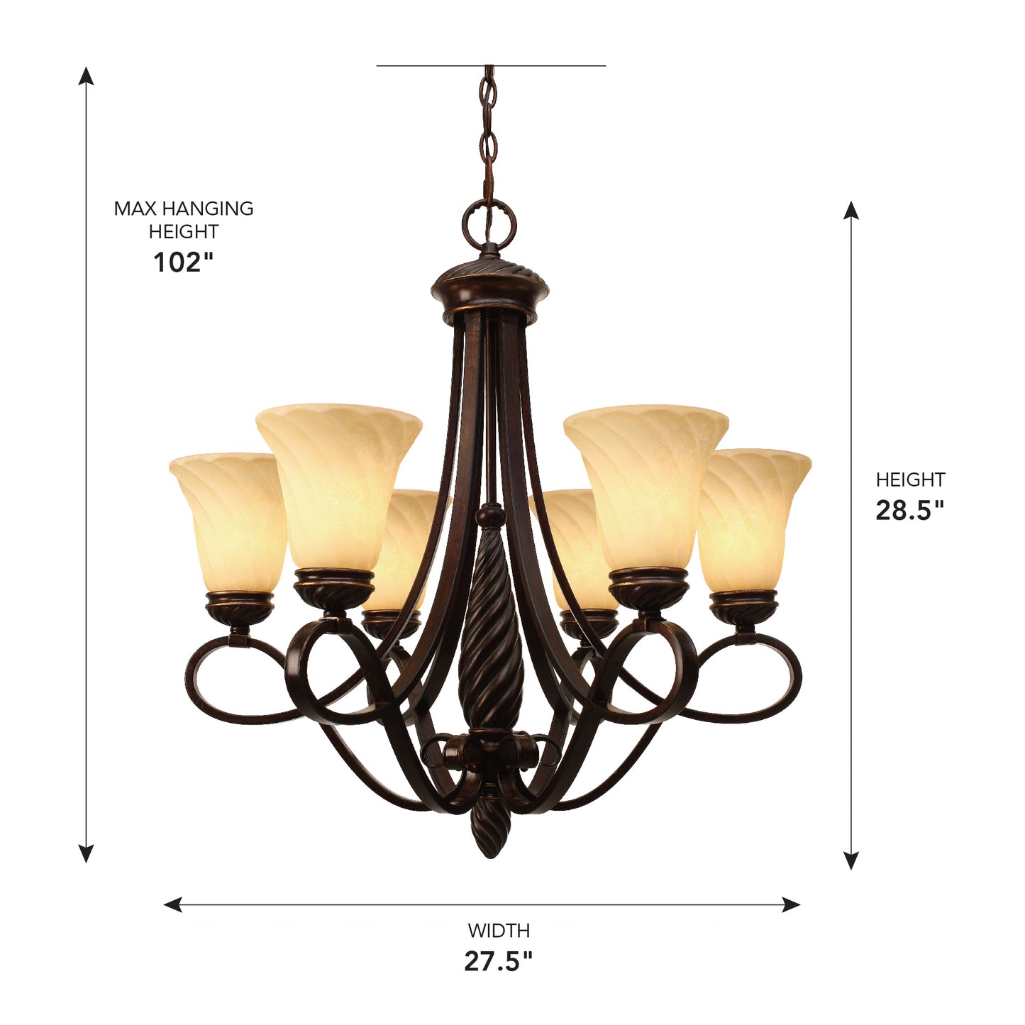 Diana 6 Light Chandelier in Cordoban Bronze with Remolino Glass