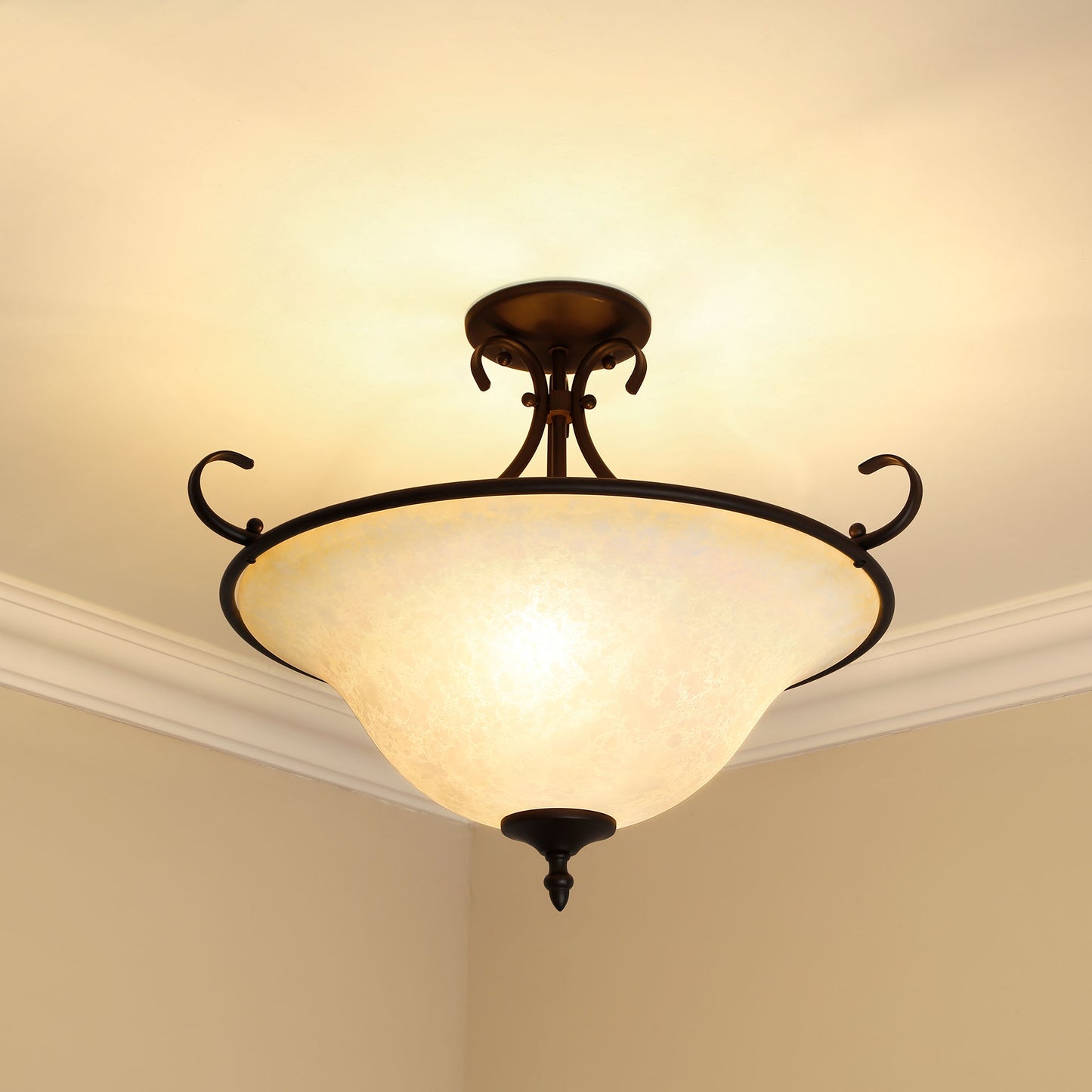 Hercules Semi-Flush in Rubbed Bronze with Tea Stone Glass