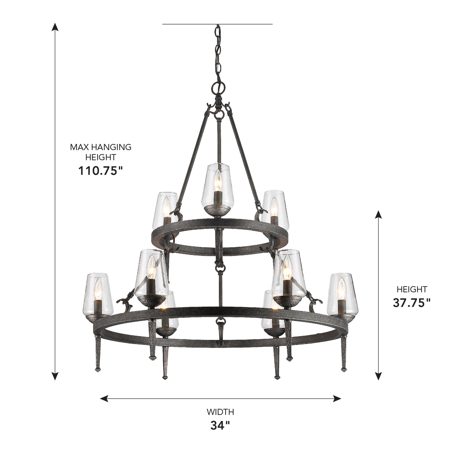 Darwin-2 Tier - 9 Light Chandelier in Dark Natural Iron with Clear Glass