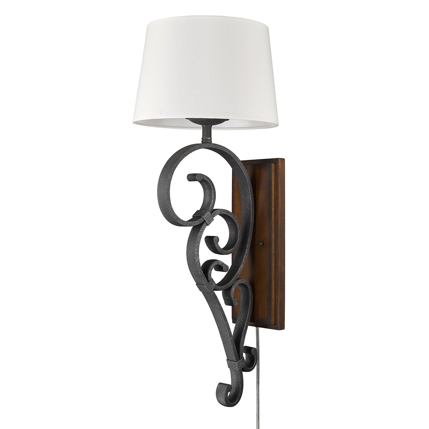 Medusa BI Large 1 Light Wall Sconce in Black Iron with Rustic Oak Shade