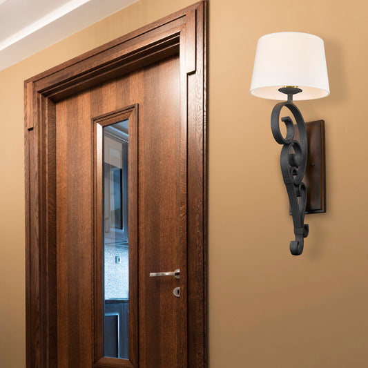 Medusa BI Large 1 Light Wall Sconce in Black Iron with Rustic Oak Shade