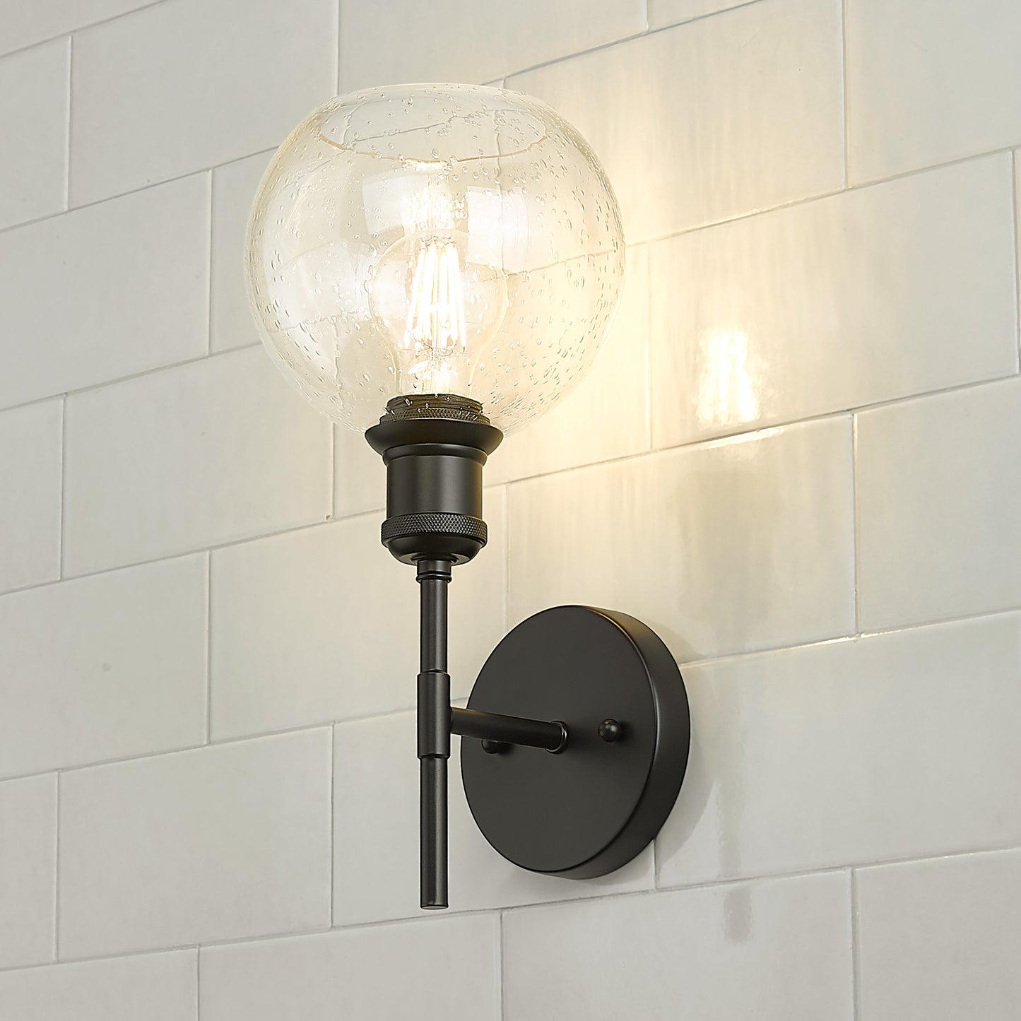 Foley BLK 1 Light Wall Sconce in Matte Black with Seeded Glass Shade