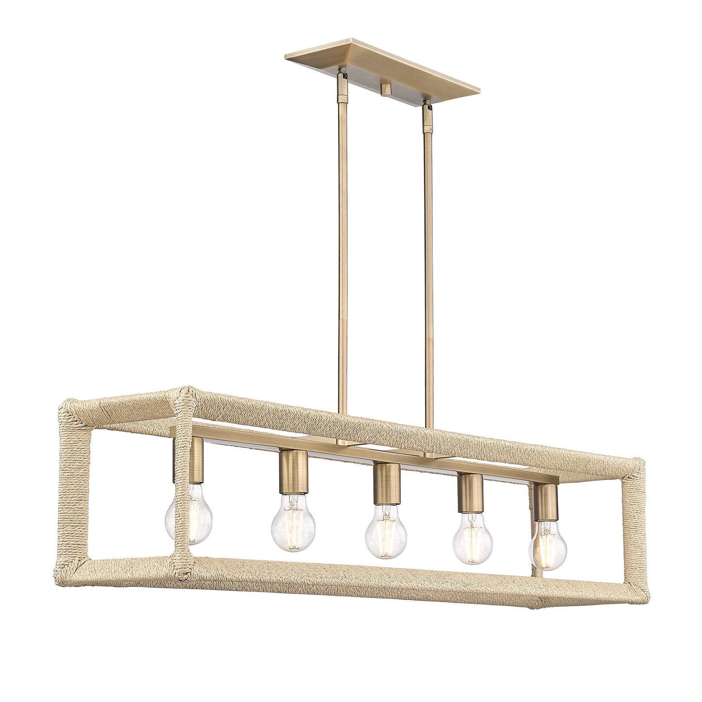 Kimber Linear Pendant in Modern Brass with Light Natural Rattan Accents
