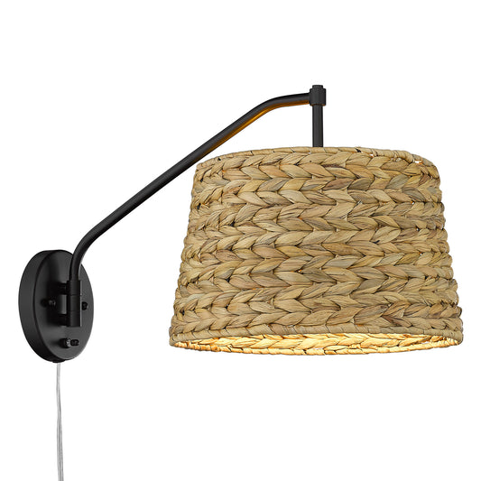 Riley Articulating Wall Sconce in Matte Black with Woven Sweet Grass Shade
