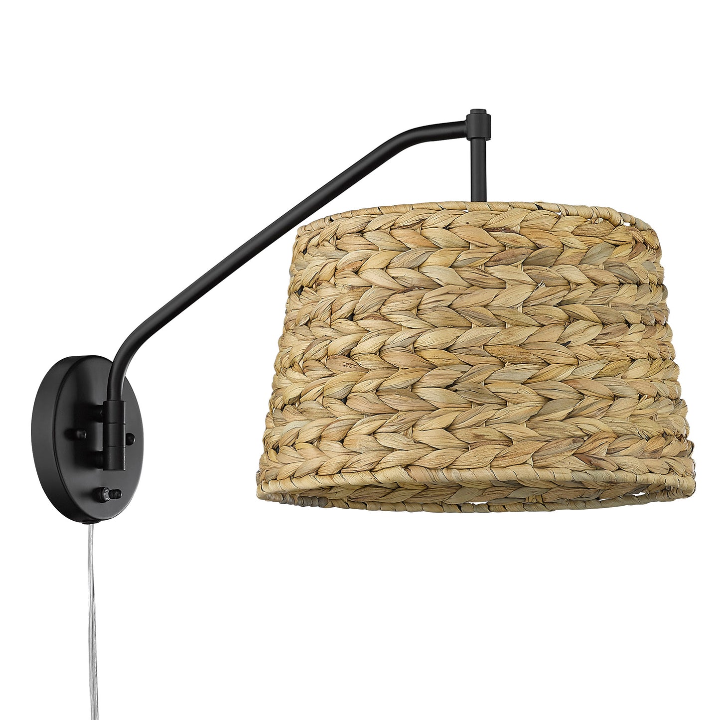 Riley Articulating Wall Sconce in Matte Black with Woven Sweet Grass Shade