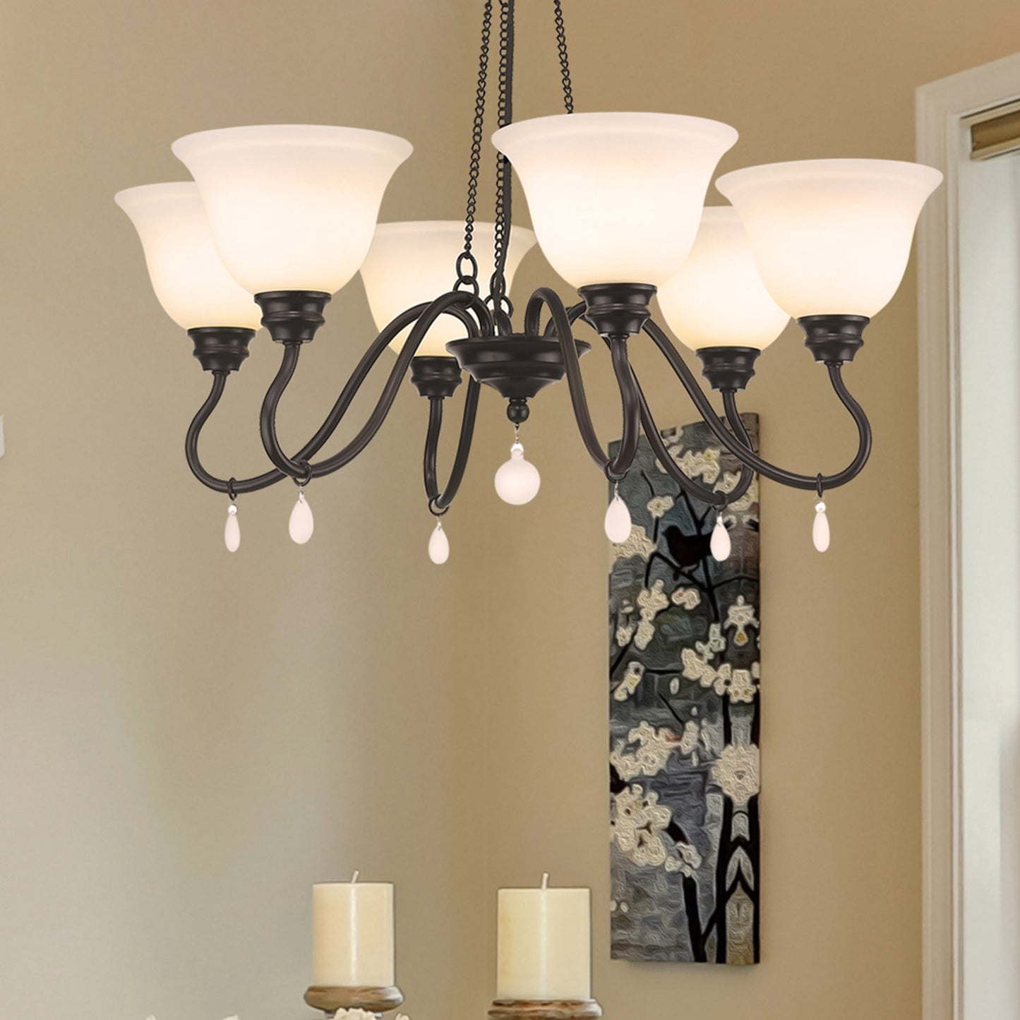 Seraphina- Chandelier in Matte Black with Opal