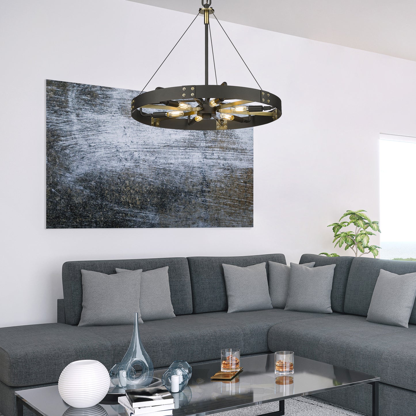 Emmet-Medium Pendant in Natural Black with Aged Brass Accents