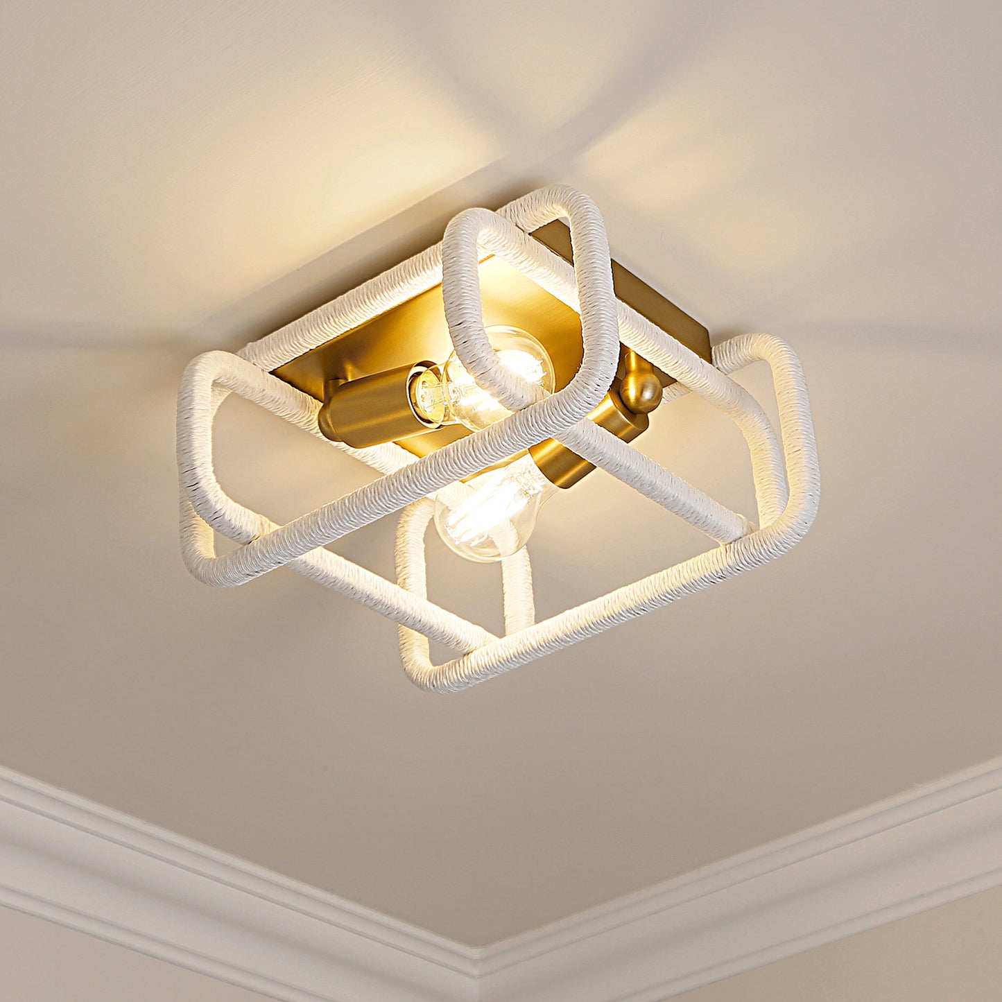 Spencer BCB 2 Light Flush Mount in Brushed Champagne Bronze with Bleached White Raphia Rope Shade