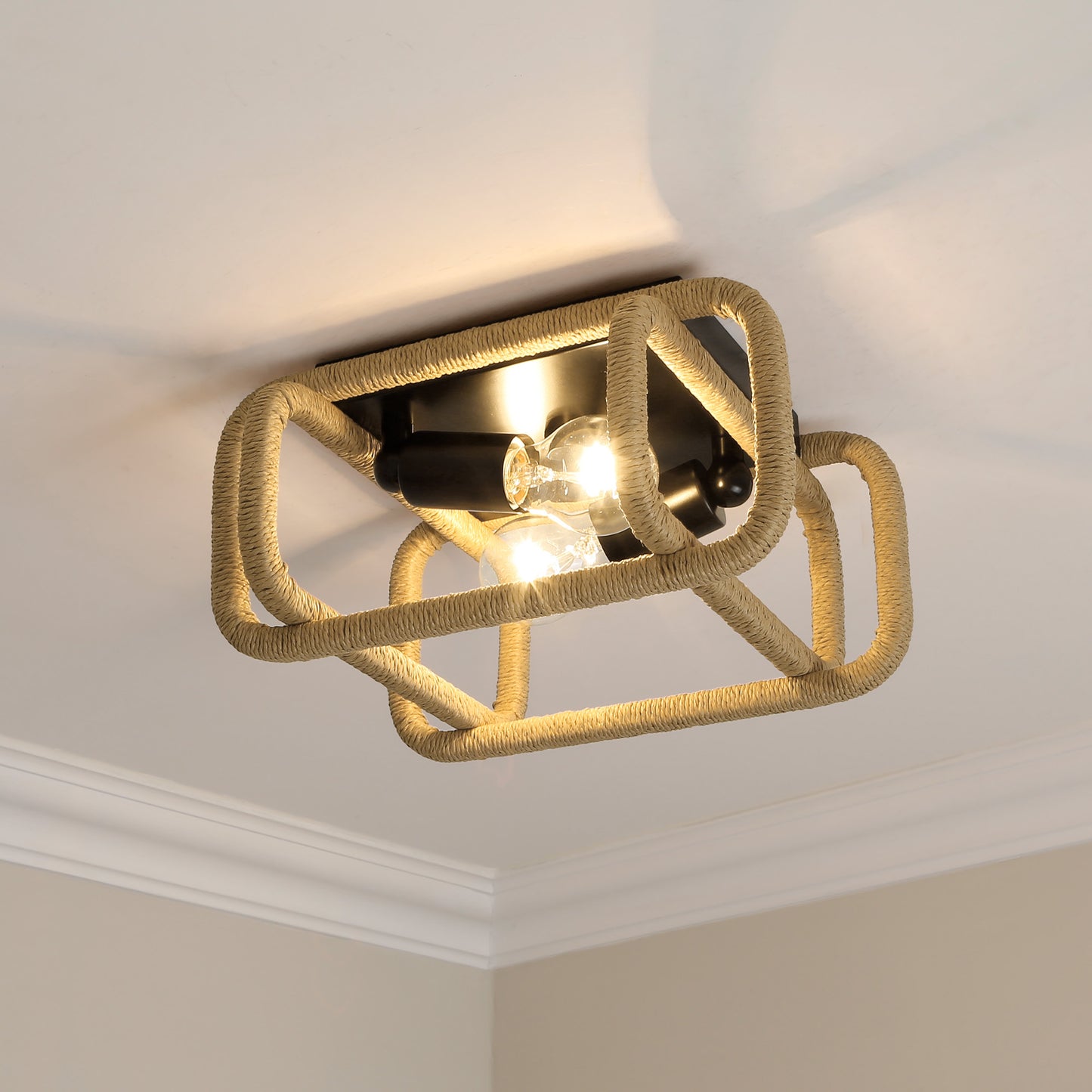 Spencer 2 Light Flush Mount in Matte Black with Natural Raphia Rope Shade
