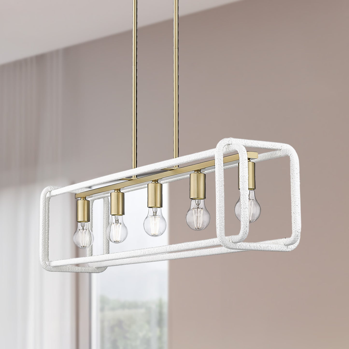 Spencer Linear Pendant in Brushed Champagne Bronze with Bleached White Raphia Rope
