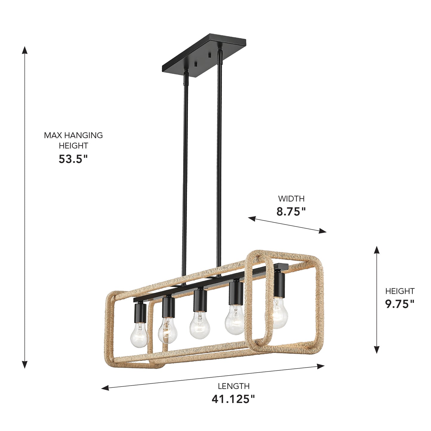 Spencer Linear Pendant in Matte Black with Natural Raphia Rope