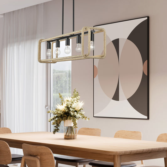 Spencer Linear Pendant in Matte Black with Natural Raphia Rope