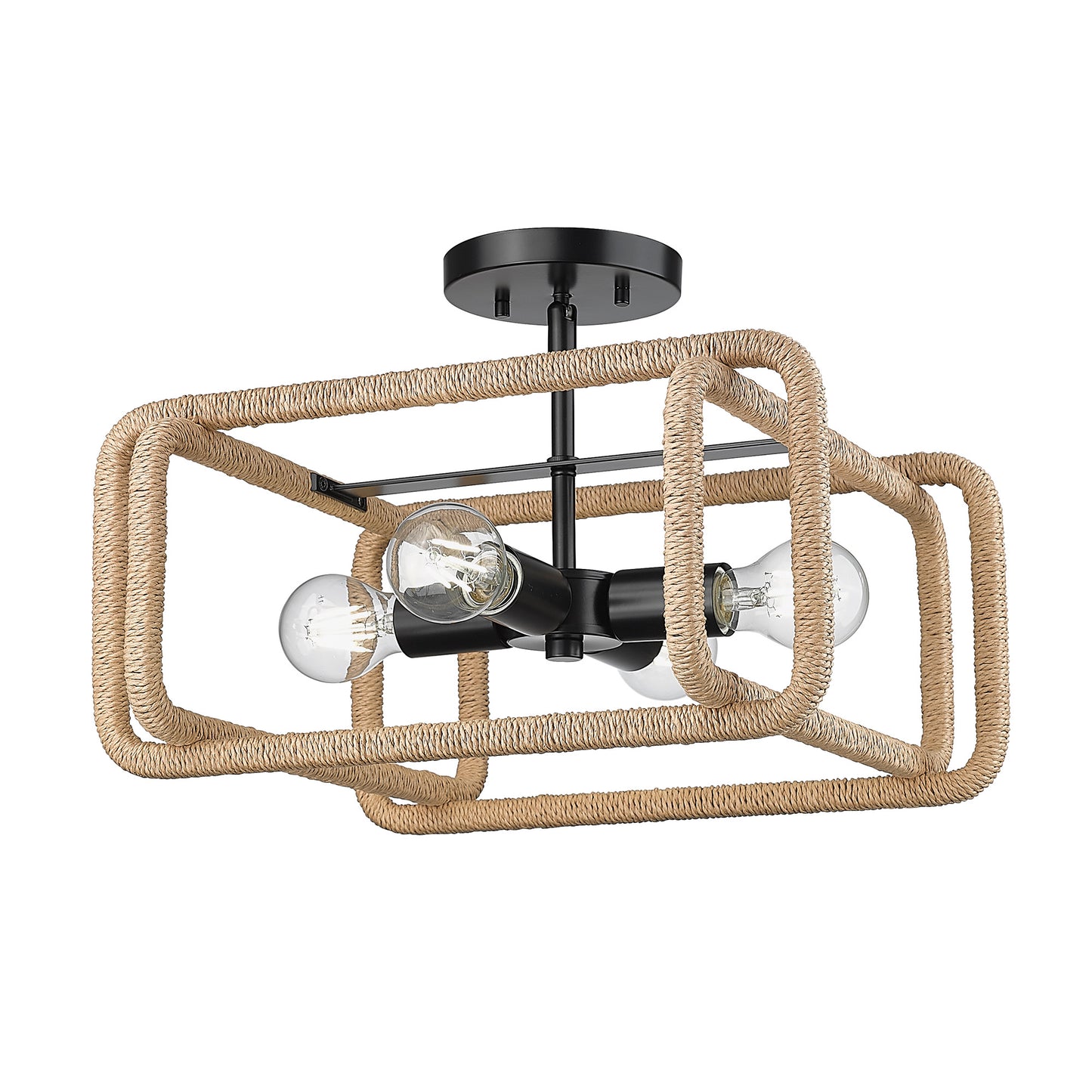 Spencer 4 Light Semi-Flush in Matte Black with Natural Raphia Rope Shade