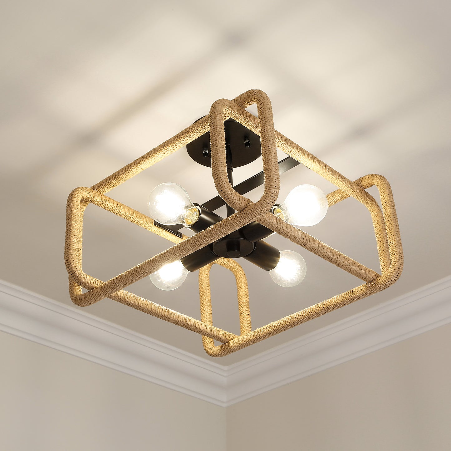 Spencer 4 Light Semi-Flush in Matte Black with Natural Raphia Rope Shade