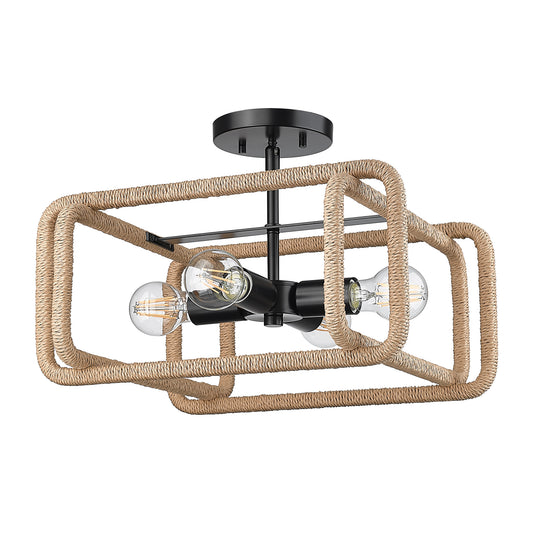 Spencer 4 Light Semi-Flush in Matte Black with Natural Raphia Rope Shade