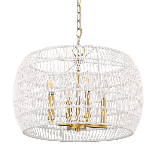 Mercury 4 Light Chandelier in Modern Brushed Gold with Bleached White Raphia Rope Shade